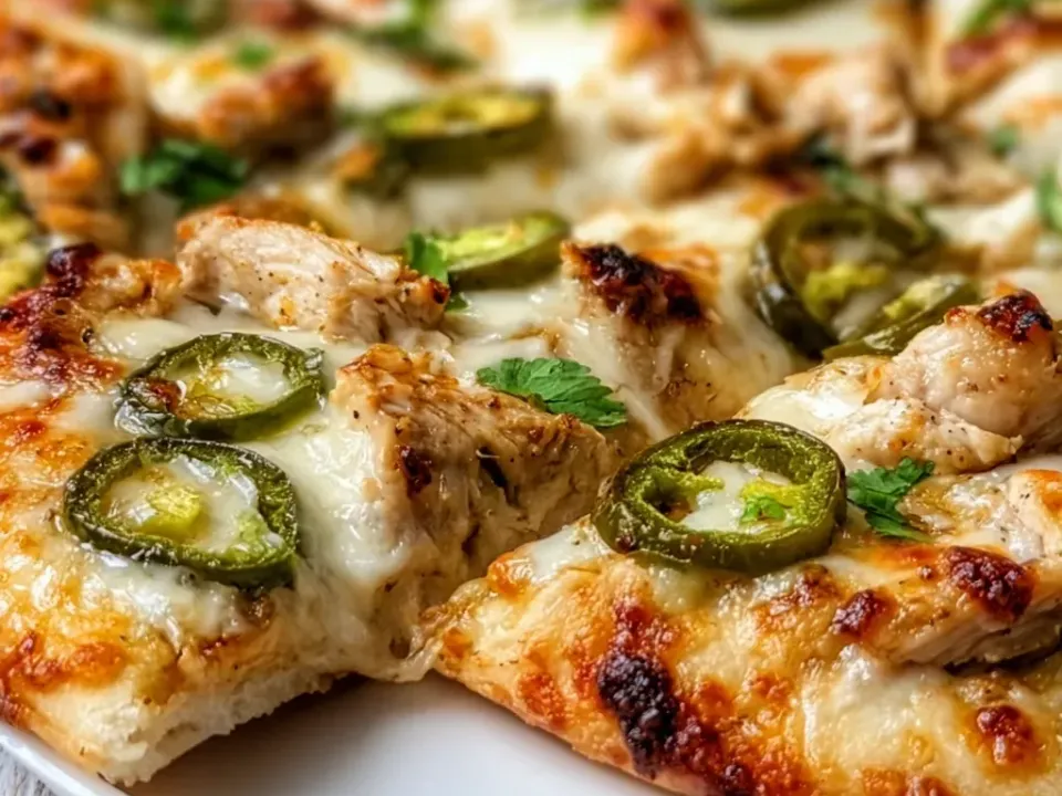 Pizza slices on a white plate with a puffed golden crust, a white melted cheese base, chicken pieces, whole sliced green pickled jalapeños and fresh coriander leaves