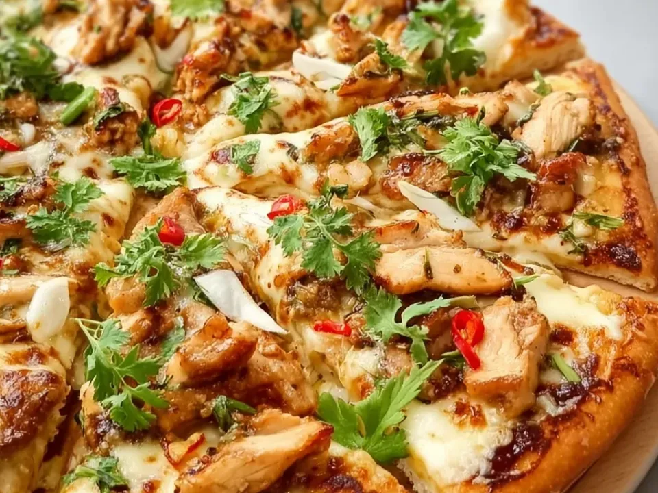 A round pizza on a wooden board with a white melted cheese base, chicken pieces, a brown sauce drizzle, raw white onion slivers, red chilli slices and heavy coriander