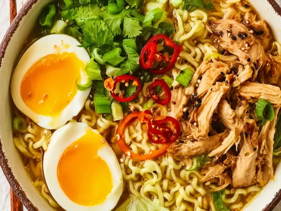 A ceramic bowl of wavy ramen noodles in golden broth with shredded chicken, two halved soft-boiled eggs with jammy yolks, green onion, cilantro, sliced red chilli and a lime wedge, with chopsticks