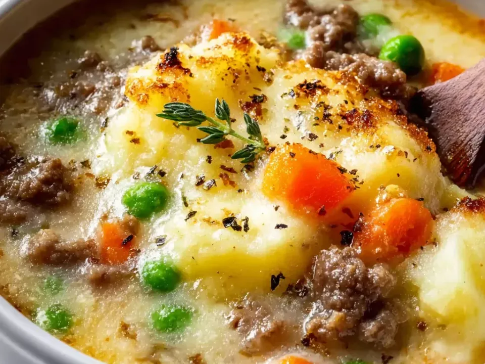 A bowl of creamy pale soup with browned ground lamb, diced carrot and green peas, topped with broiled mounds of mashed potato with golden-brown patches and a thyme sprig