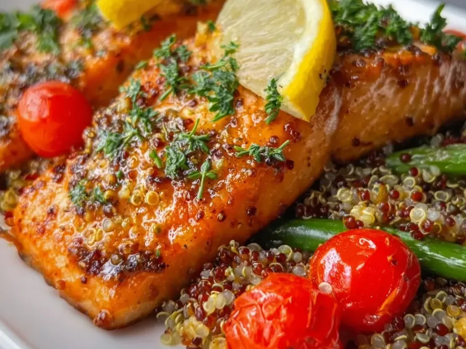 Salmon fillets with a browned mustard-seed and herb crust beside a mound of mixed red and white quinoa with green beans and blistered cherry tomatoes, with lemon wedges and parsley