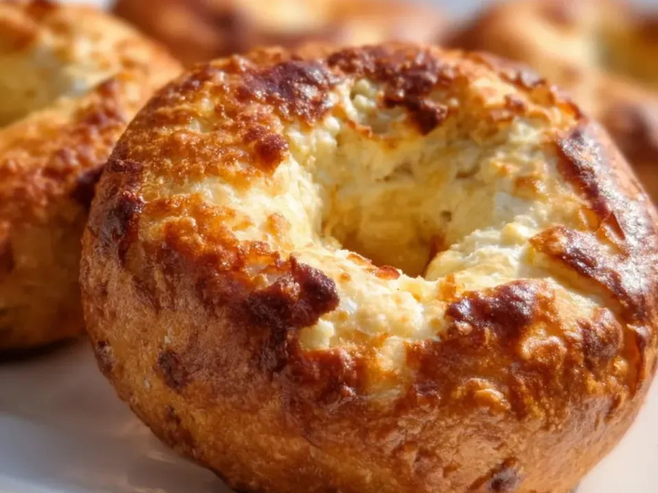 Deeply browned craggy gluten-free bagels with a golden blistered crust on a white plate, one in focus