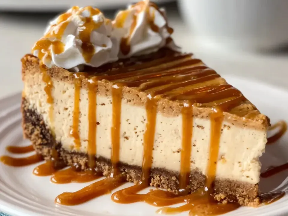 A wedge of light tan coffee cheesecake on a dark cookie crust, caramel drizzled over the top and down the side into a pool, whipped cream dollops, a coffee mug behind