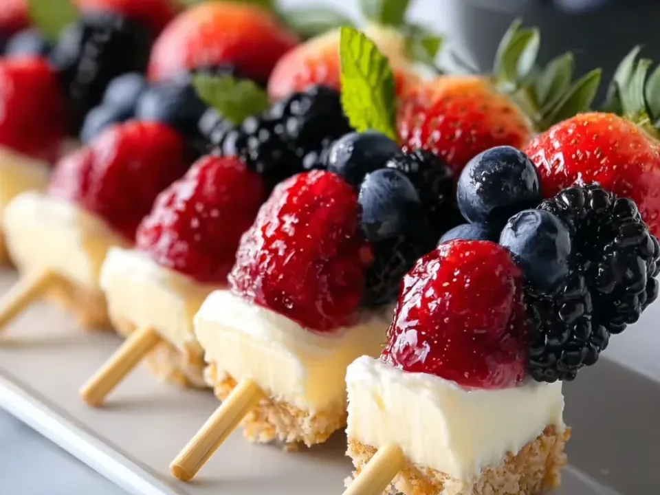 Wooden skewers on a white platter, each holding a cube of pale cheesecake with a golden crumb base followed by a strawberry, blueberries and a blackberry, with mint leaves