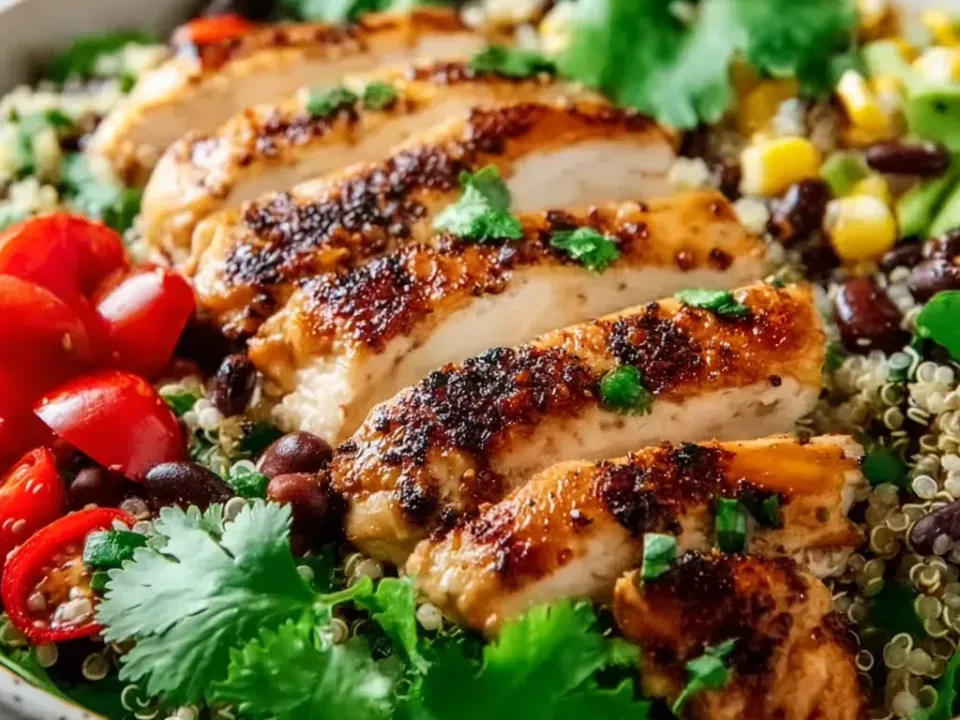 A wide bowl of quinoa topped with sliced seared chicken breast, halved cherry tomatoes, black beans, sweet corn, fresh cilantro and a sliced red chili