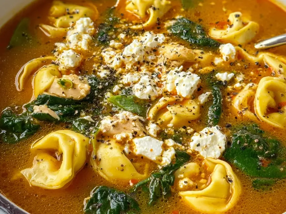 A brothy orange-tinted soup with cheese tortellini, spinach, chicken pieces and crumbled feta, finished with heavy black pepper