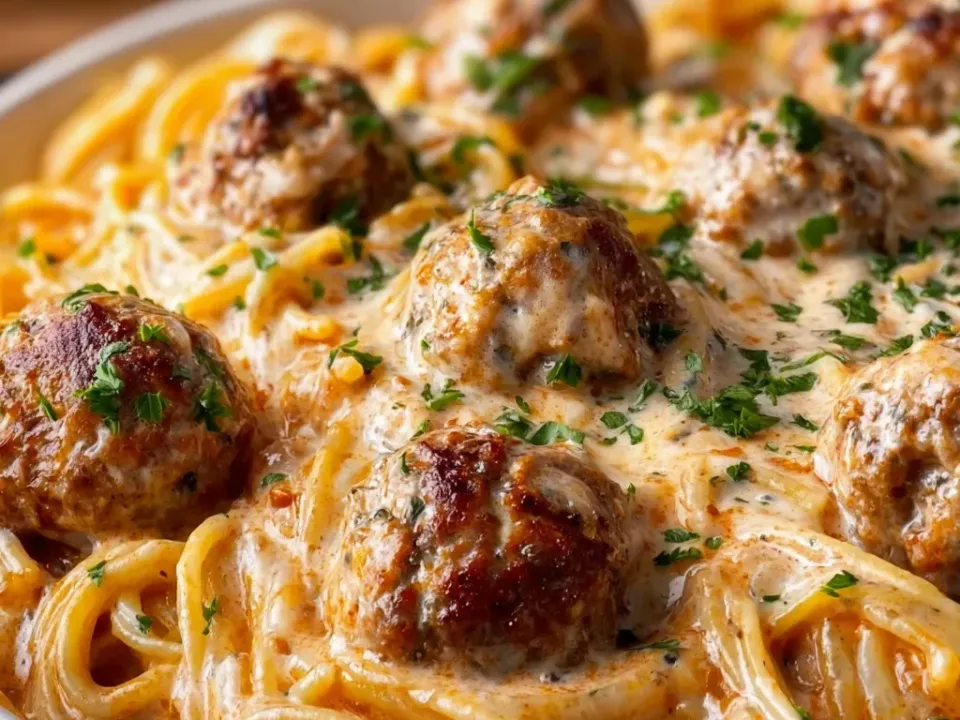 A bowl of spaghetti in a creamy peach-orange tomato-cream sauce with browned meatballs on top and chopped parsley