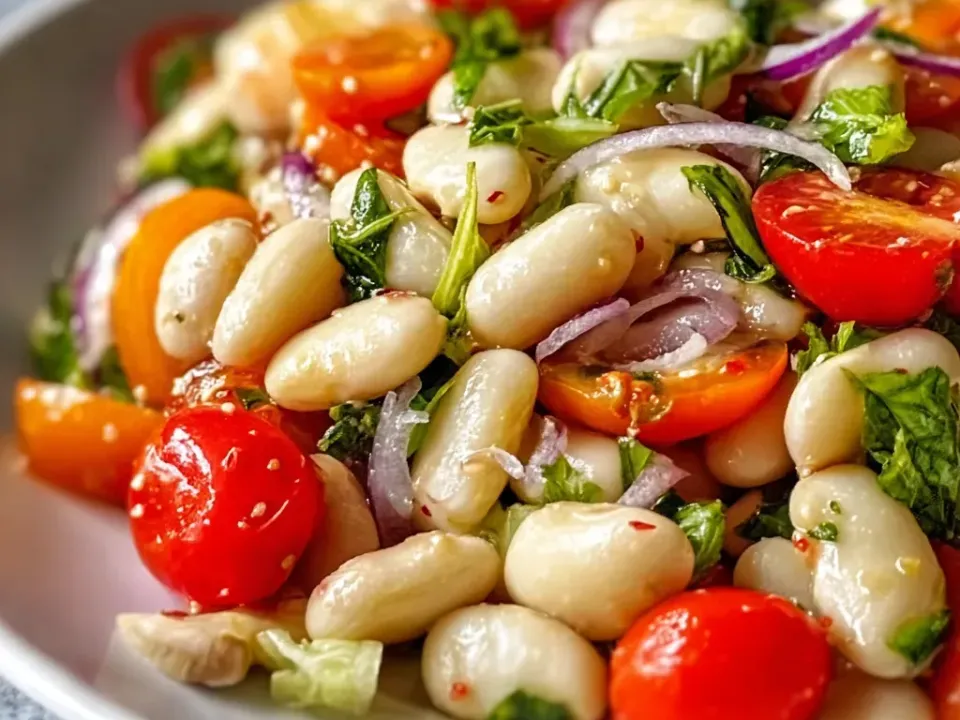 A cold salad of large white cannellini beans with halved red and orange cherry tomatoes, sliced red onion and torn green leaves, glossy with a dressing flecked with red chilli and scattered with sliced garlic
