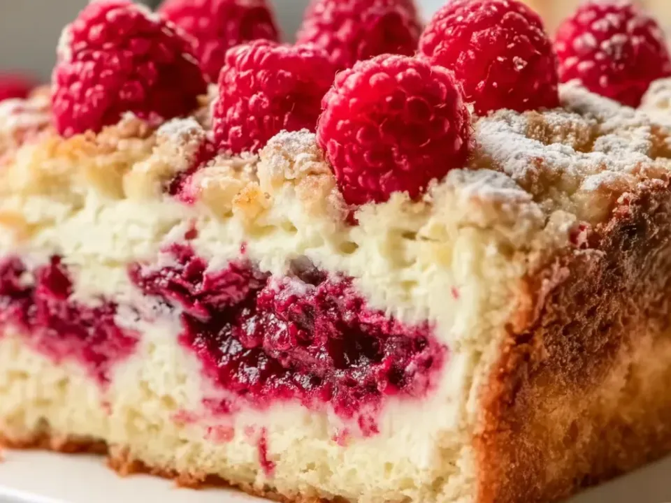 A thick square slice of coffee cake with a pale crumb, a cream cheese band and crimson raspberry streak through the middle, a coarse golden streusel top dusted with sugar and whole raspberries
