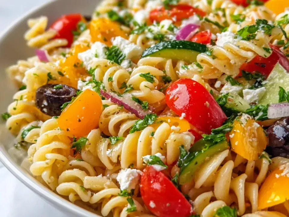 A bowl of rotini with halved cherry tomatoes, yellow and orange bell pepper, cucumber, red onion, black olives, crumbled white cheese and chopped parsley