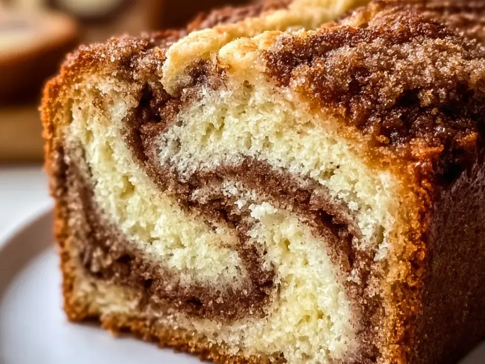 A thick cut end of banana bread on a white plate showing a pale crumb with dark cinnamon swirls through it and a craggy cinnamon-sugar crust on top