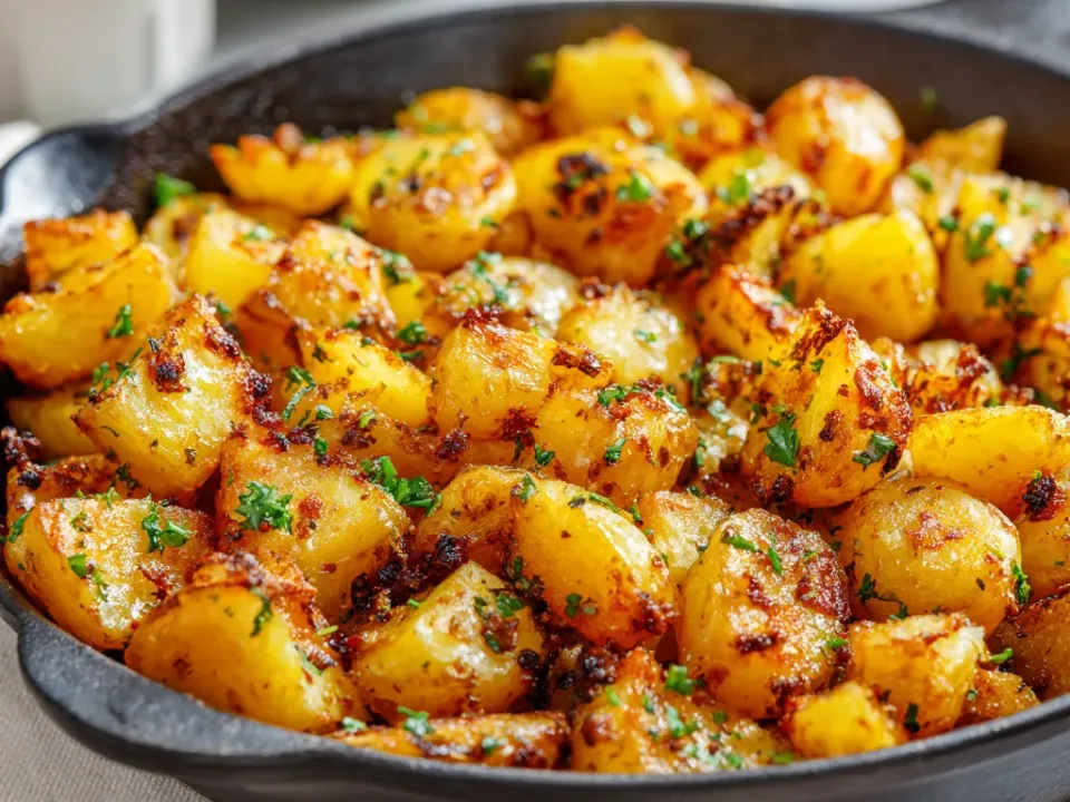 A black cast-iron skillet of golden, crispy pan-fried potato chunks with browned seasoning, cracked pepper and chopped parsley, a small bowl of herbs behind
