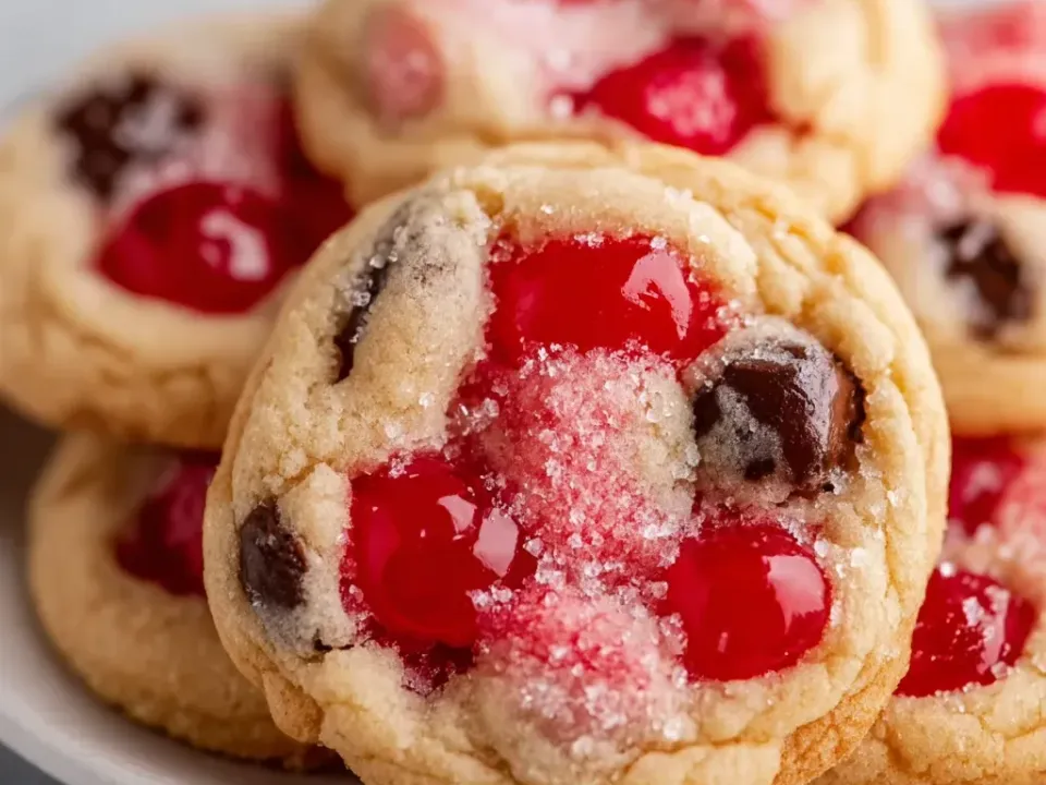 Soft golden cookies studded with bright red maraschino cherry pieces and dark chocolate chunks, sparkling with coarse sugar