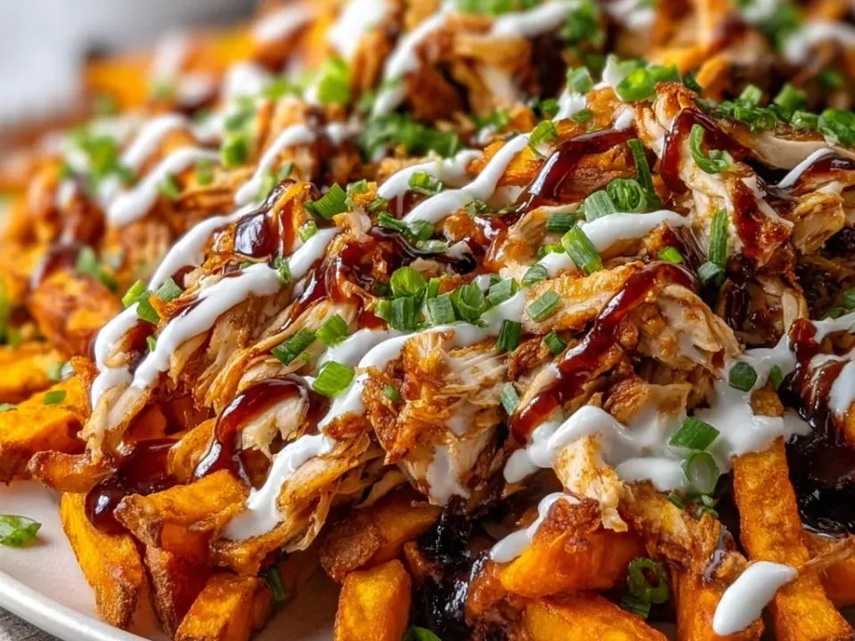 A heaped pile of deeply browned orange sweet potato fries loaded with shredded pulled chicken in dark glossy barbecue sauce, drizzled in a heavy lattice of white ranch and scattered with sliced green onion