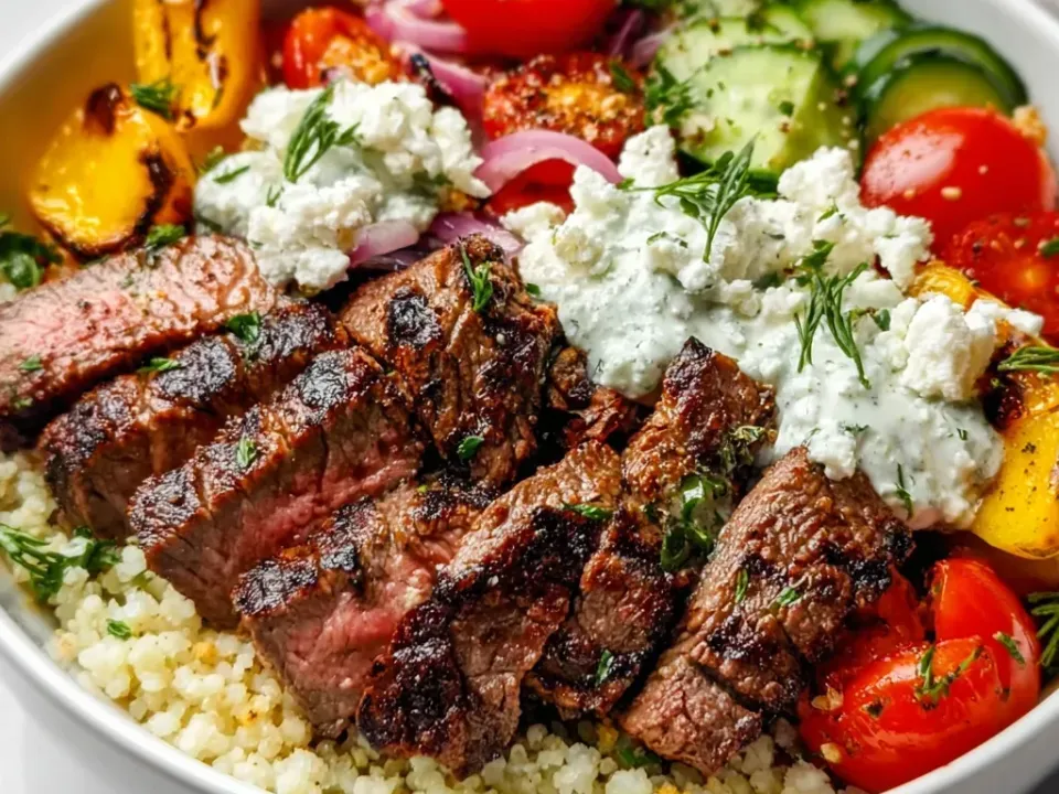A white bowl of couscous topped with sliced grill-marked steak, halved cherry tomatoes, cucumber, red onion, charred yellow pepper, crumbled feta and a white dill yogurt sauce