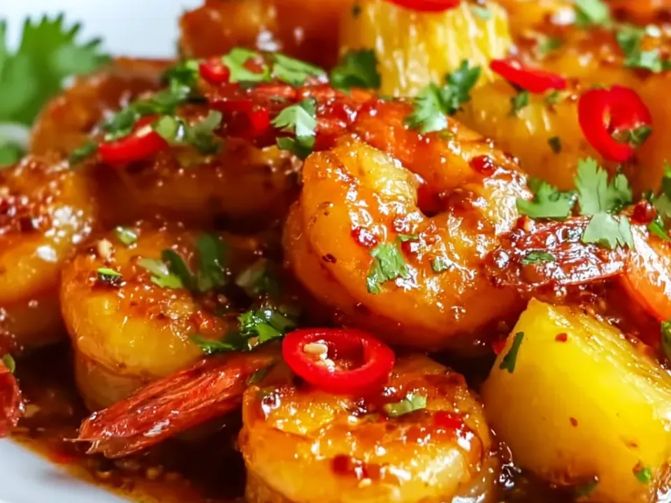 Plump shrimp in a glossy red-amber sweet chili glaze with golden pineapple chunks, sliced red chile rings and fresh cilantro, sauce pooling beneath