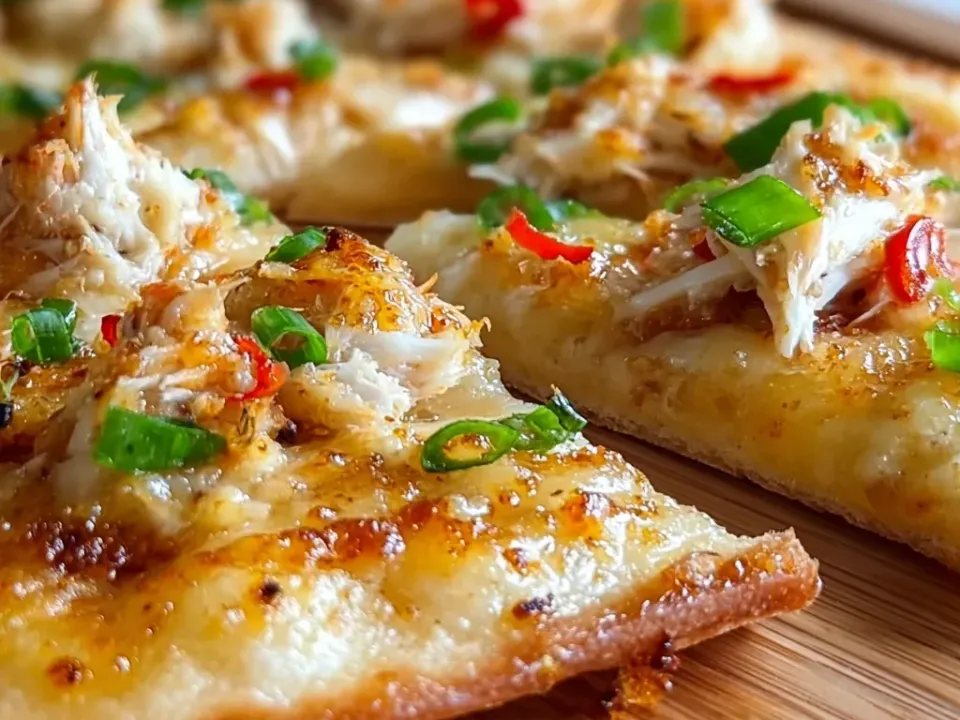 Squares of golden-baked flatbread pizza on a wooden board with a pale creamy base, shredded crab glazed in sweet chili sauce, sliced green onion and red chili rings