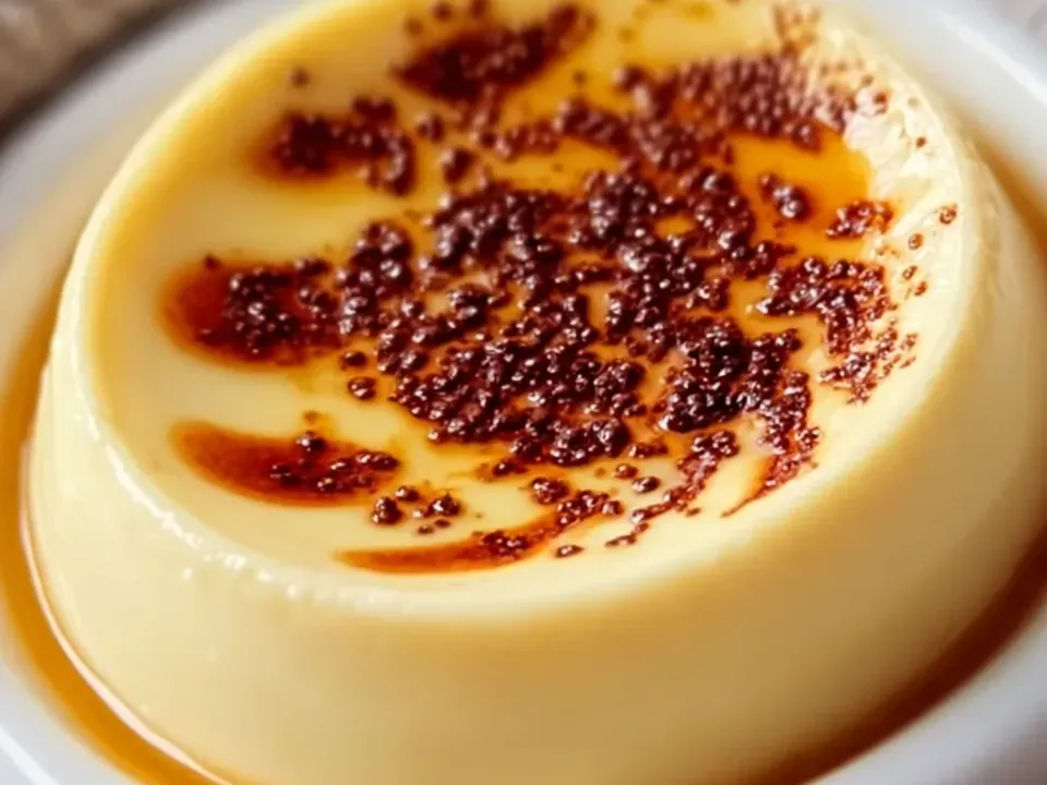A single smooth pale-yellow baked milk pudding with a speckled caramelized brown top, sitting in a thin pool of amber syrup on a small white dish