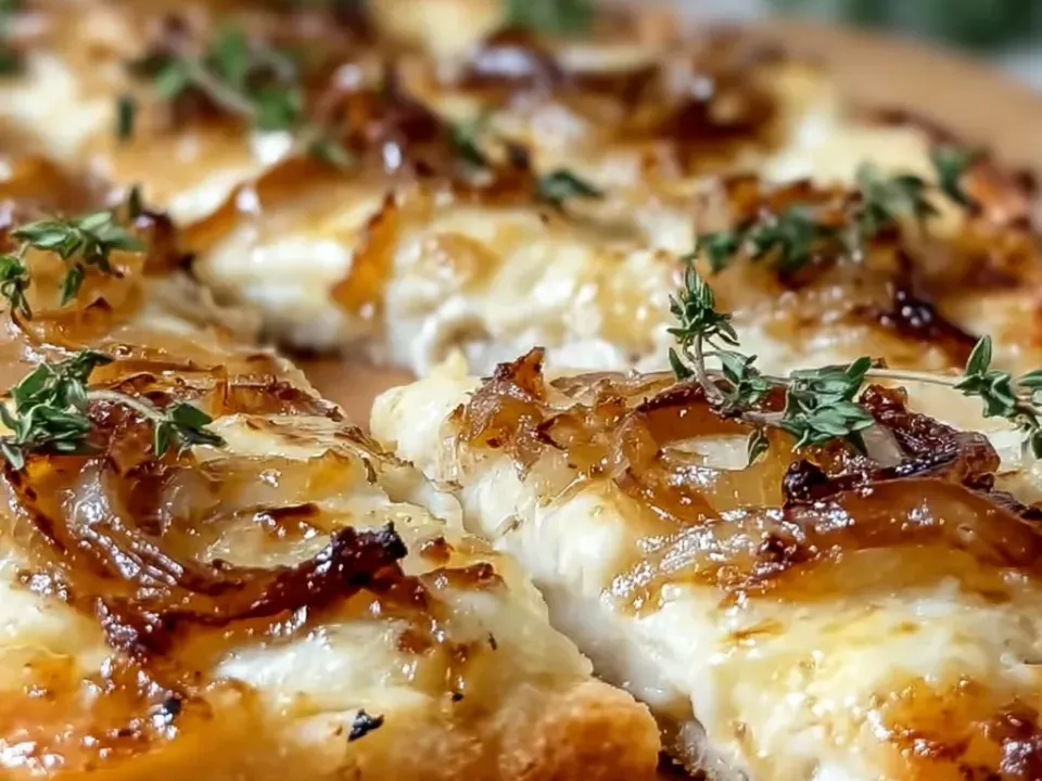 A thin-crust pizza cut into slices on a wooden board with melted white cheese, jammy caramelized onions and fresh thyme sprigs