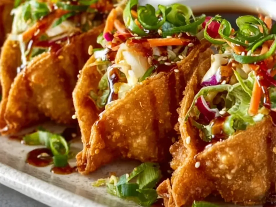 Crisp golden blistered wonton taco shells filled with green and purple cabbage slaw, carrot and teriyaki-glazed chicken, with a creamy drizzle, sesame seeds and green onion