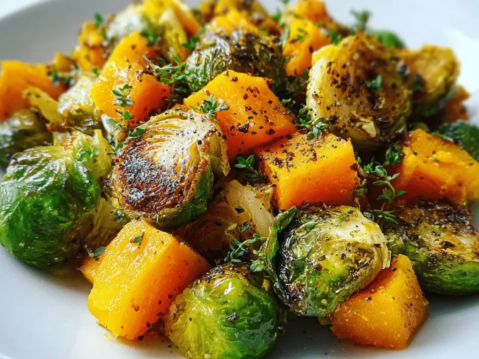 Sheet pan of browned halved Brussels sprouts and butternut squash cubes glazed with maple and balsamic