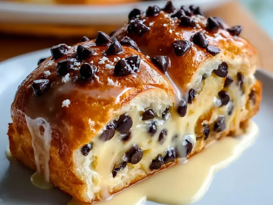 Golden glossy brioche buns split lengthways and filled with thick pale yellow vanilla custard studded with dark chocolate chips, with more chips and pearl sugar on the glazed tops