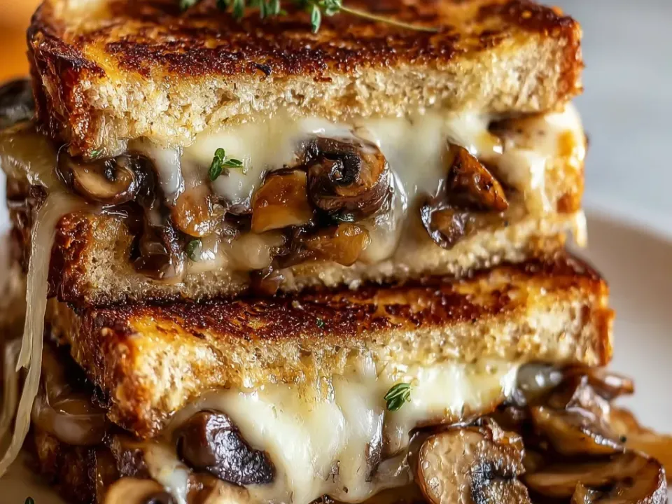Two stacked halves of a griddled seeded sourdough sandwich filled with stretching melted pale cheese, browned sliced mushrooms and soft onion, with thyme on top