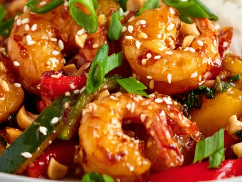 Glazed whole shrimp in a glossy red-brown sauce with whole peanuts, red and green pepper strips, sliced spring onion and sesame seeds, with white rice at the back of a white bowl