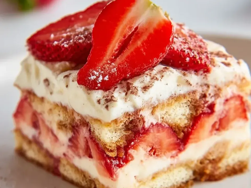 A cut square showing distinct layers of sponge biscuit, thick pale cream and fresh sliced strawberries, dusted with cocoa powder