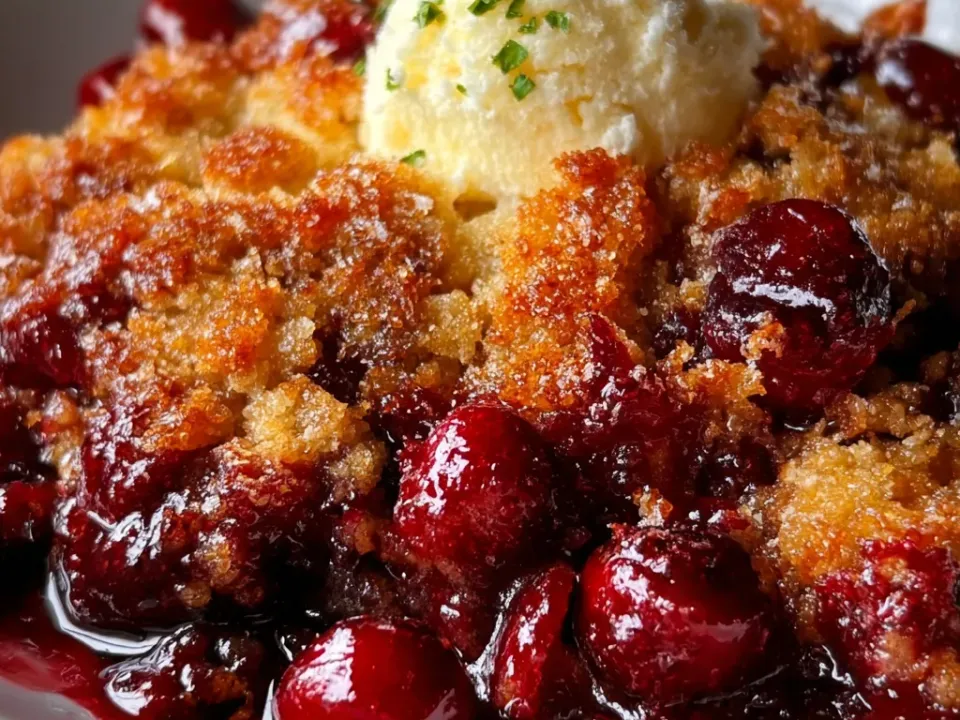 Whole cranberries in a bubbling red filling under a golden, crisp streusel topping