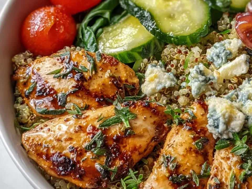 Grilled chicken with char marks on a bed of mixed red and white quinoa with cucumber slices, whole cherry tomatoes, leafy greens and generous crumbled blue cheese