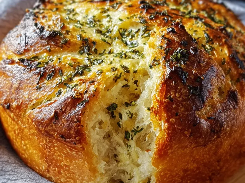 A round rustic boule with a deep golden-brown blistered crust, the top glossy with garlic-herb butter and chopped herbs, torn open to show an airy herb-flecked crumb