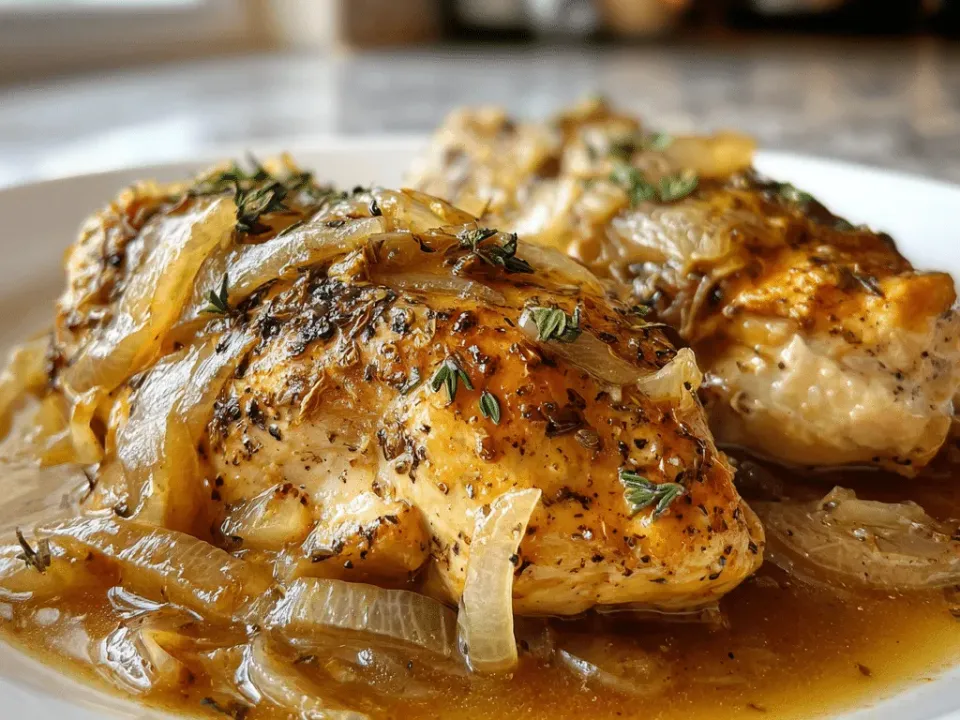 Browned chicken breasts on a white plate smothered in abundant soft translucent sliced onions in a brown jus, finished with fresh thyme sprigs