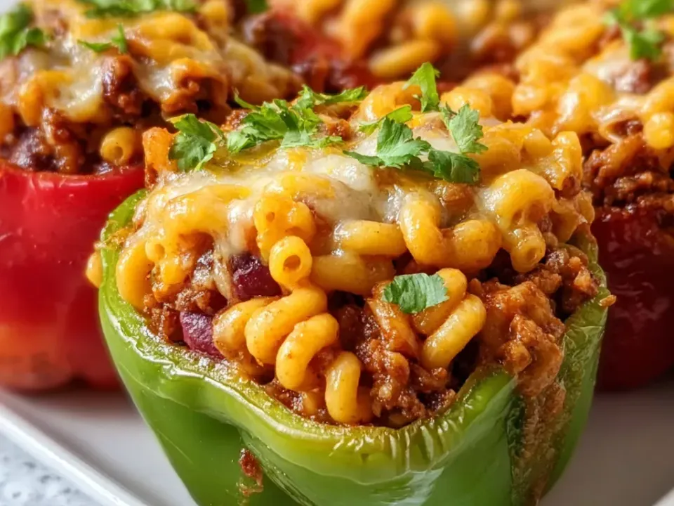Upright red and green bell peppers stuffed with elbow macaroni and ground-meat chili with visible kidney beans under melted cheese, topped with chopped cilantro