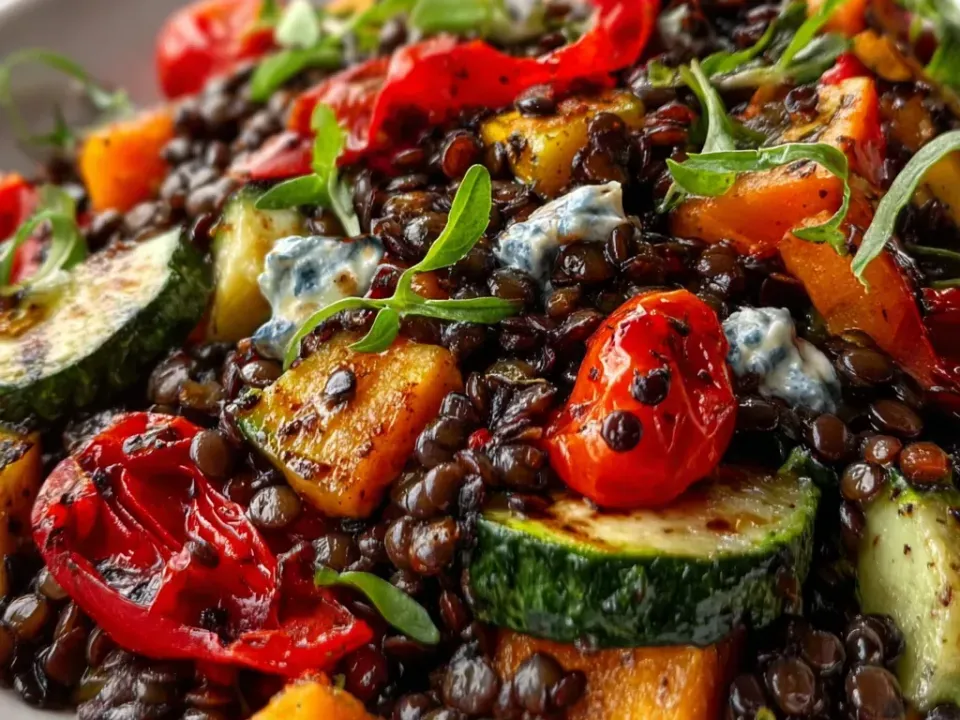 A dark salad of small black lentils tossed with charred sliced zucchini, roasted orange butternut squash cubes, blistered red peppers and cherry tomatoes, dotted with crumbled blue-veined cheese and small green leaves