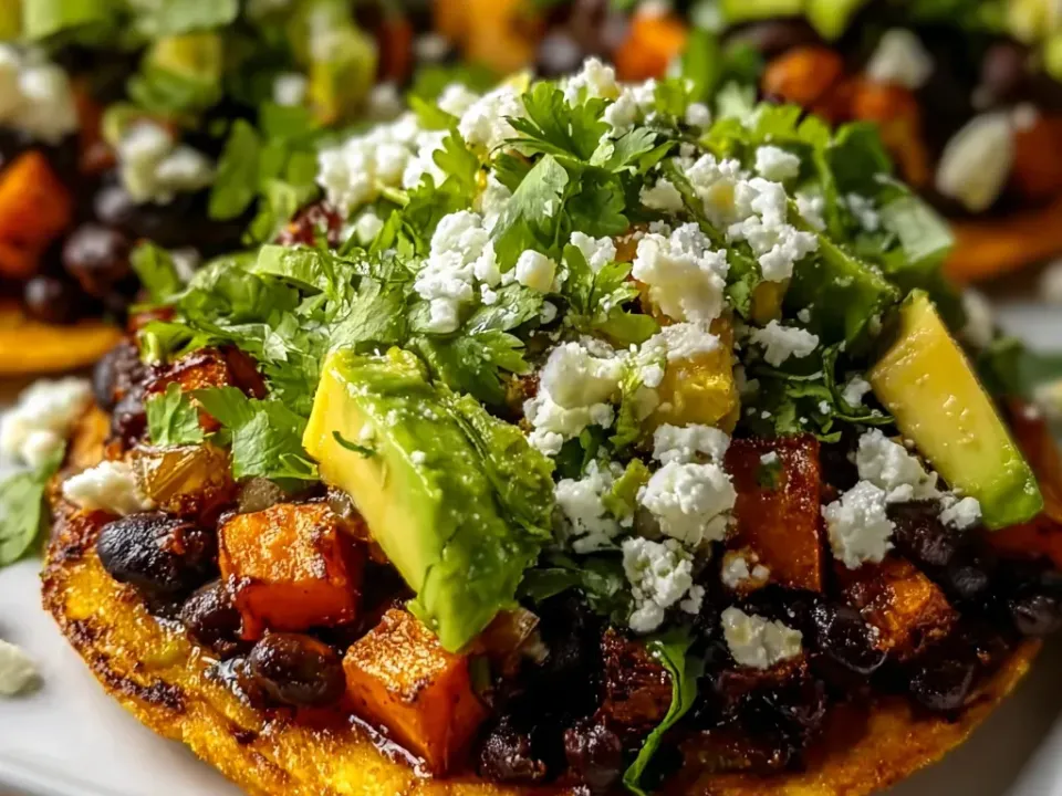 Flat crisp golden corn tostada shells topped with roasted sweet potato cubes and black beans in dark red sauce, with sliced avocado, crumbled white cheese and coriander