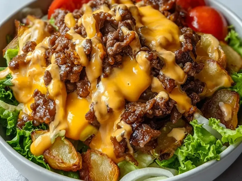 A white bowl lined with frilly green lettuce holding browned crumbled ground beef, thick orange burger sauce, tomato wedges, sliced pickles, onion slivers and golden roasted potato pieces