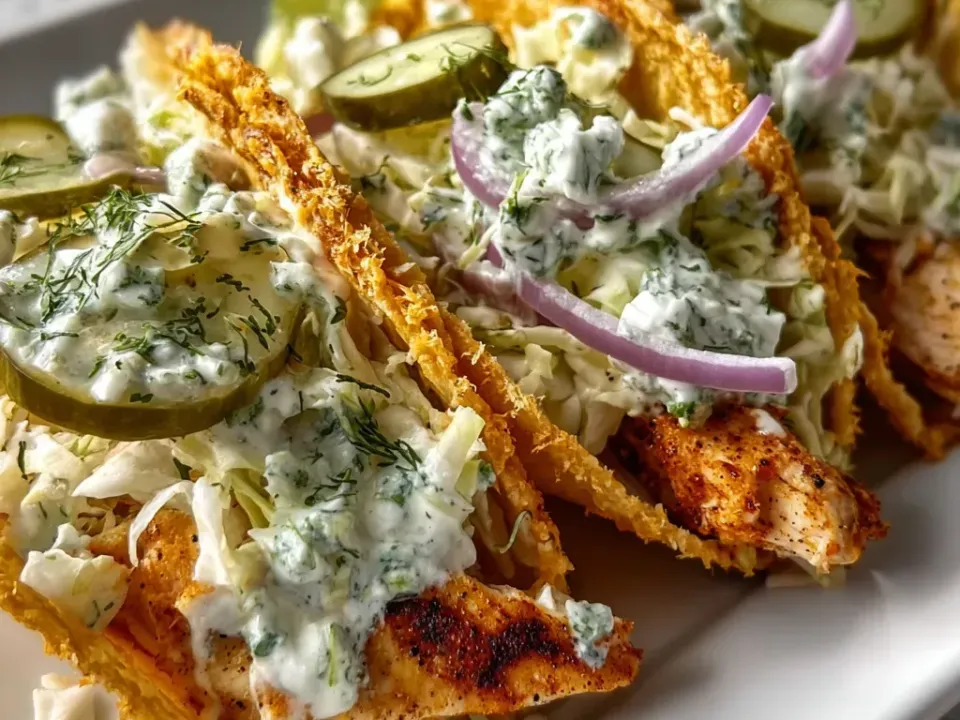Crisp lacy fried-cheese taco shells with no tortilla, filled with shredded cabbage and spice-seared chicken, topped with dill-flecked ranch, pickle slices and red onion