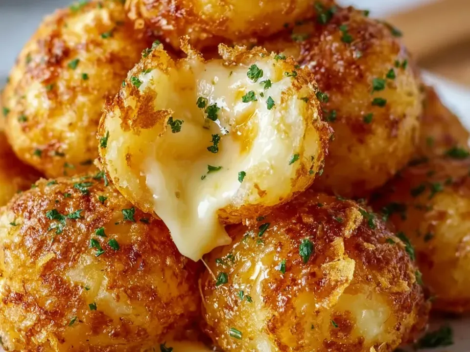 A pile of round crumb-crusted fried potato balls, one pulled open to show a molten stretchy white cheese centre, sprinkled with parsley