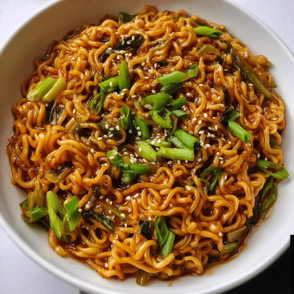 vegan Asian recipes garlic soy ramen stir-fry in skillet with scallions