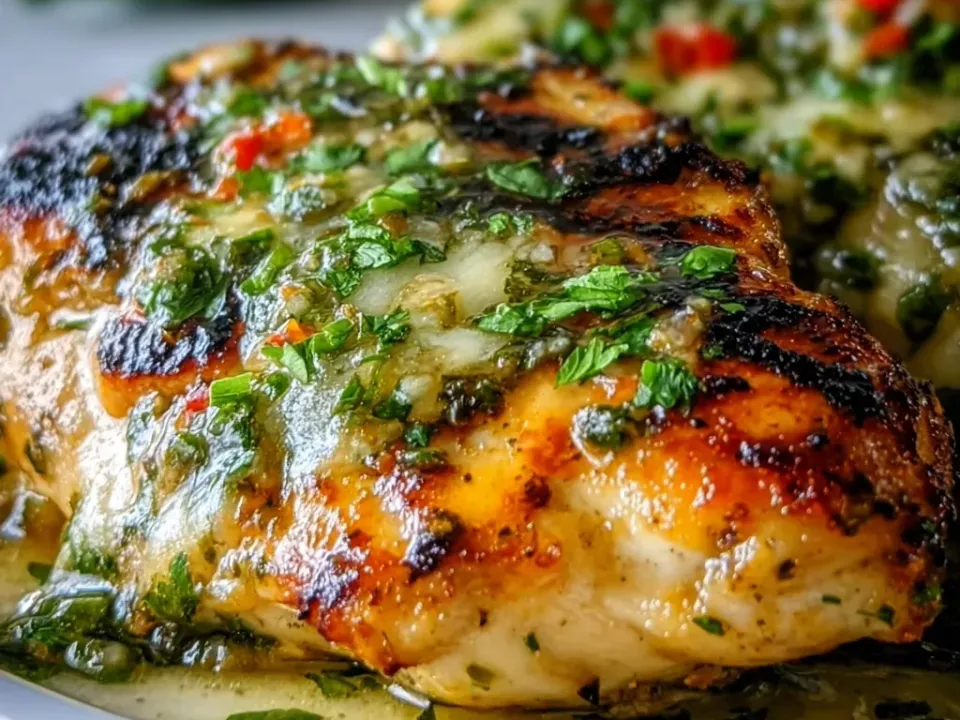 Grill-marked and part-charred chicken breasts on a white plate under melted white pepper Jack and chunky green salsa verde with coriander, diced tomato and chilli