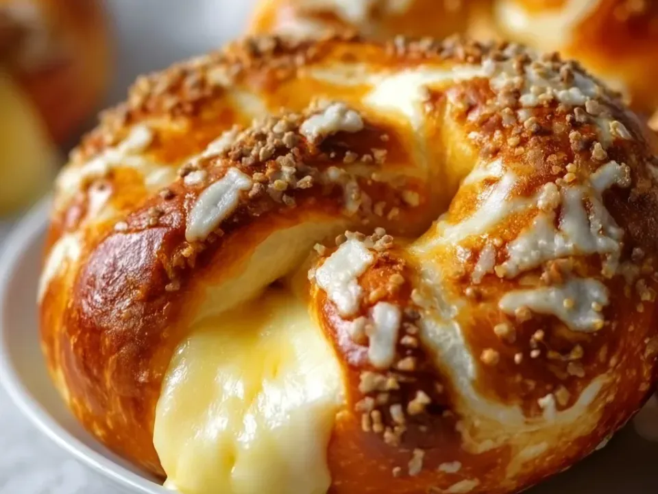 A large golden-brown soft pretzel with molten pale cheese oozing from a split in its side, scattered with coarse salt and streaks of melted cheese, on a white plate
