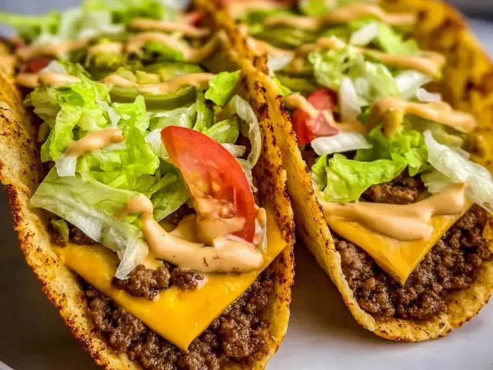 Two crisp taco shells holding a pressed layer of browned ground beef, a slice of melting orange cheese, shredded lettuce, tomato wedges, pickle slices and orange burger sauce