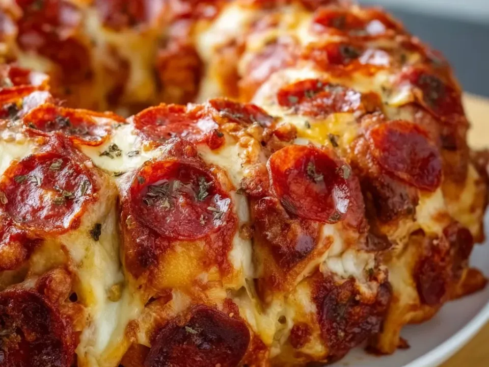 A ring-shaped pull-apart monkey bread with pepperoni and melted cheese visible between the torn pieces