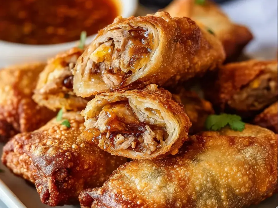 Deep-fried egg rolls with blistered golden wrappers cut open to show pulled pork in dark barbecue sauce with melted cheddar and sweet corn, with a bowl of barbecue sauce behind