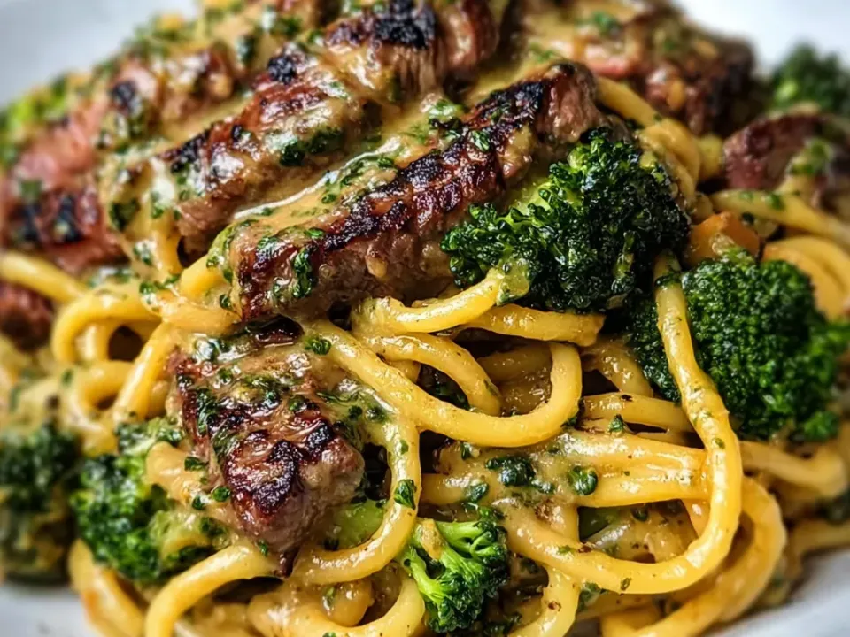 Sliced seared steak with charred edges over linguine coated in a yellow-green herb butter sauce with bright green broccoli florets, on a white plate