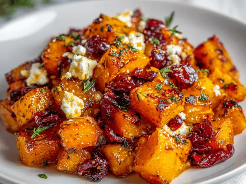 Roasted butternut squash cubes on a sheet pan with dried cranberries, crumbled feta and chopped parsley