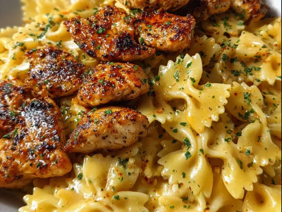 Bowtie pasta in a light glossy butter sauce flecked with parsley and red pepper, heaped with seared chicken pieces under a dark Cajun spice crust
