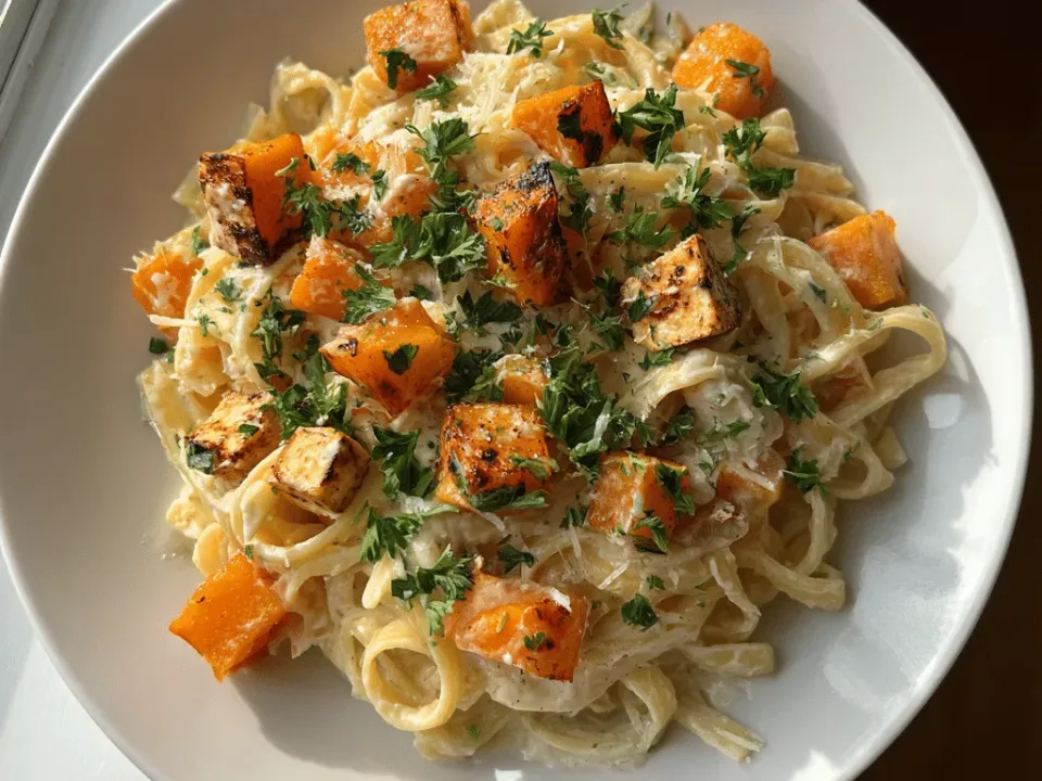 Short pasta tossed with roasted butternut squash cubes and a creamy mashed feta sauce, flecked with parsley