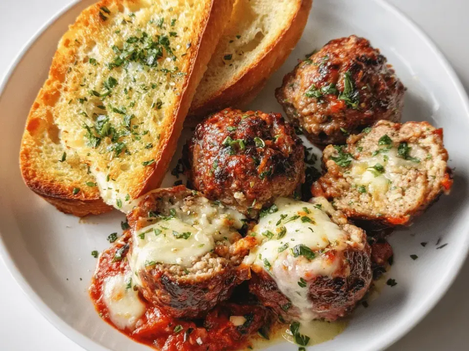 Browned round meatballs in chunky red tomato sauce, one cut open to show a melted white mozzarella centre, scattered with parsley with garlic bread alongside